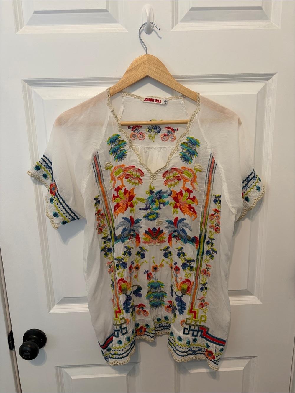 Johnny Was White Embroidered Floral Boho Tunic